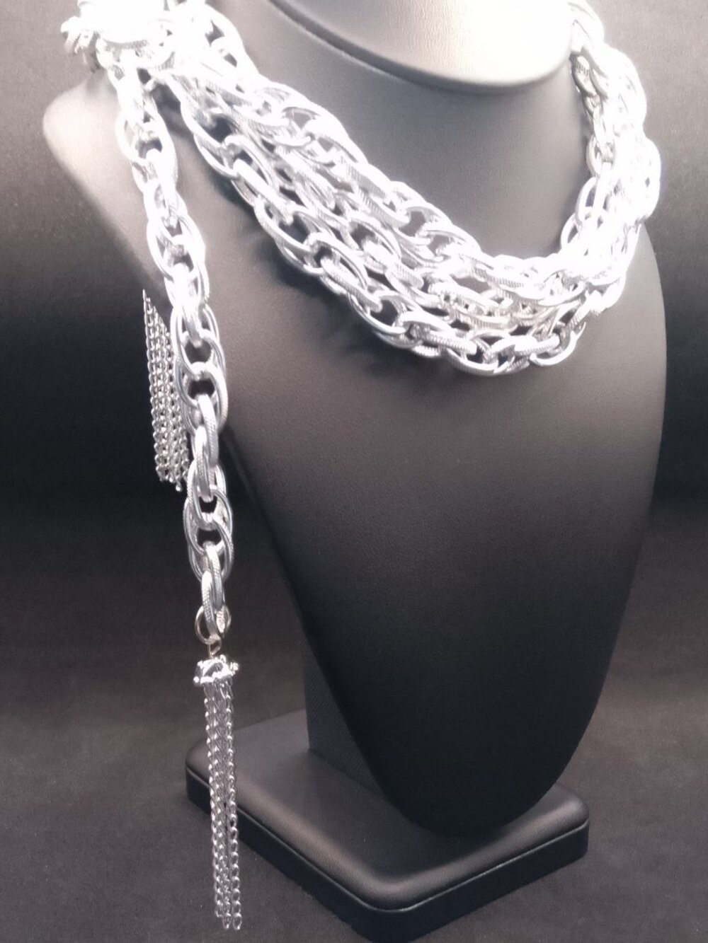 Vintage Lariat Double Tassel Necklace Flapper Opera Silver Tone